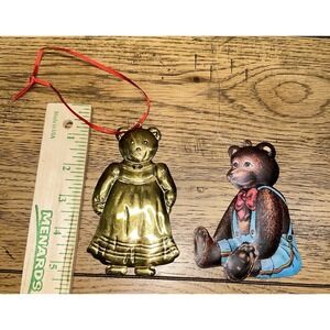 (2) Vintage Department 56 Brass Tin Teddy Bears Christmas Ornaments Hong Kong 4"